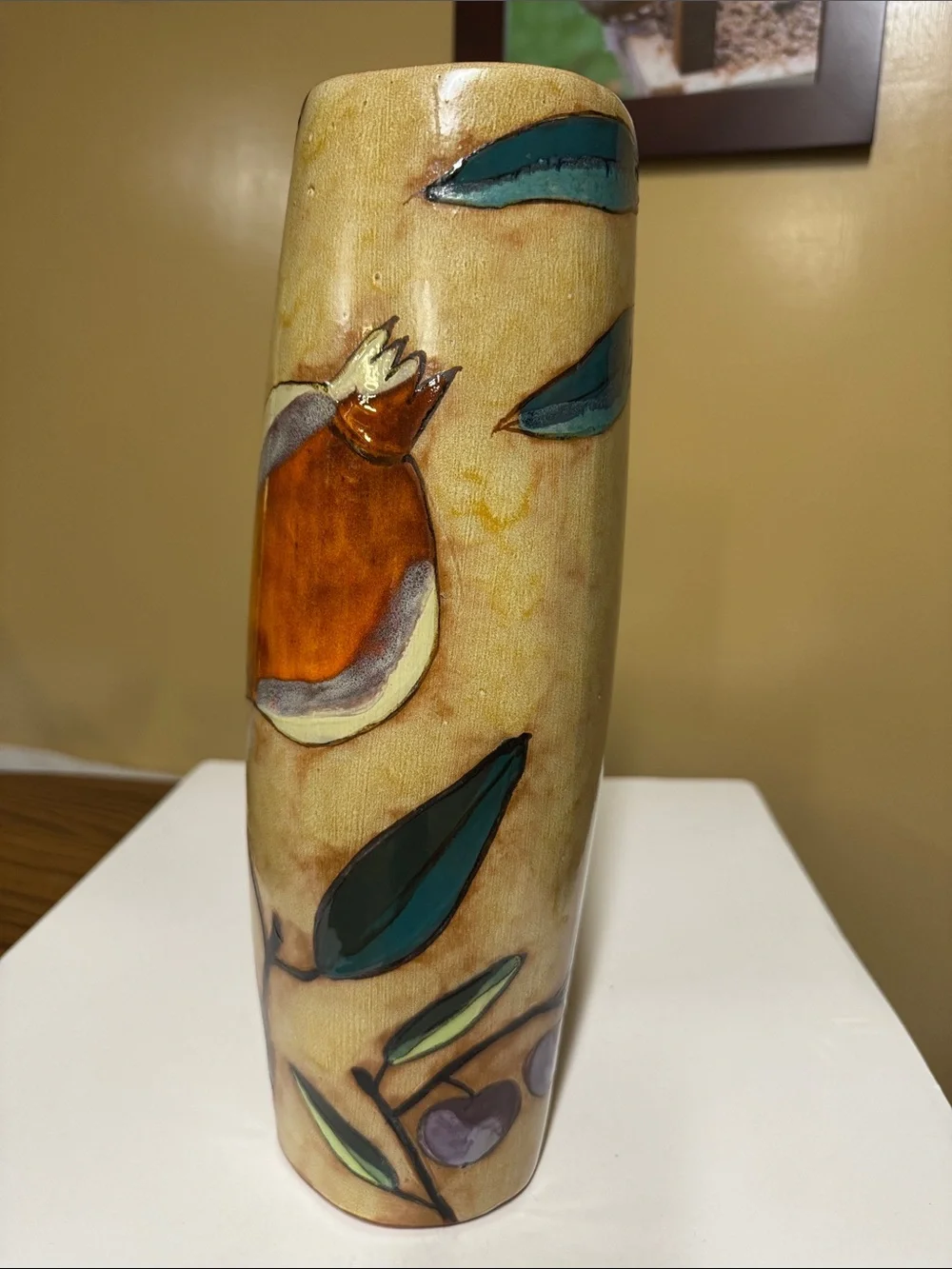 Butter + Toast Leaf Line Hand-Painted Fruit Motif Pottery Vase 13 3/8” tall 1992